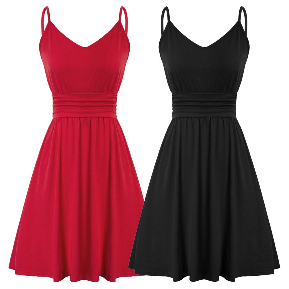 Women Dress Spaghetti Straps V-Neck Pleated Waist A-Line Dresses Solid Color Mini Cotton Dresses Leisure Sweet Clothes-0