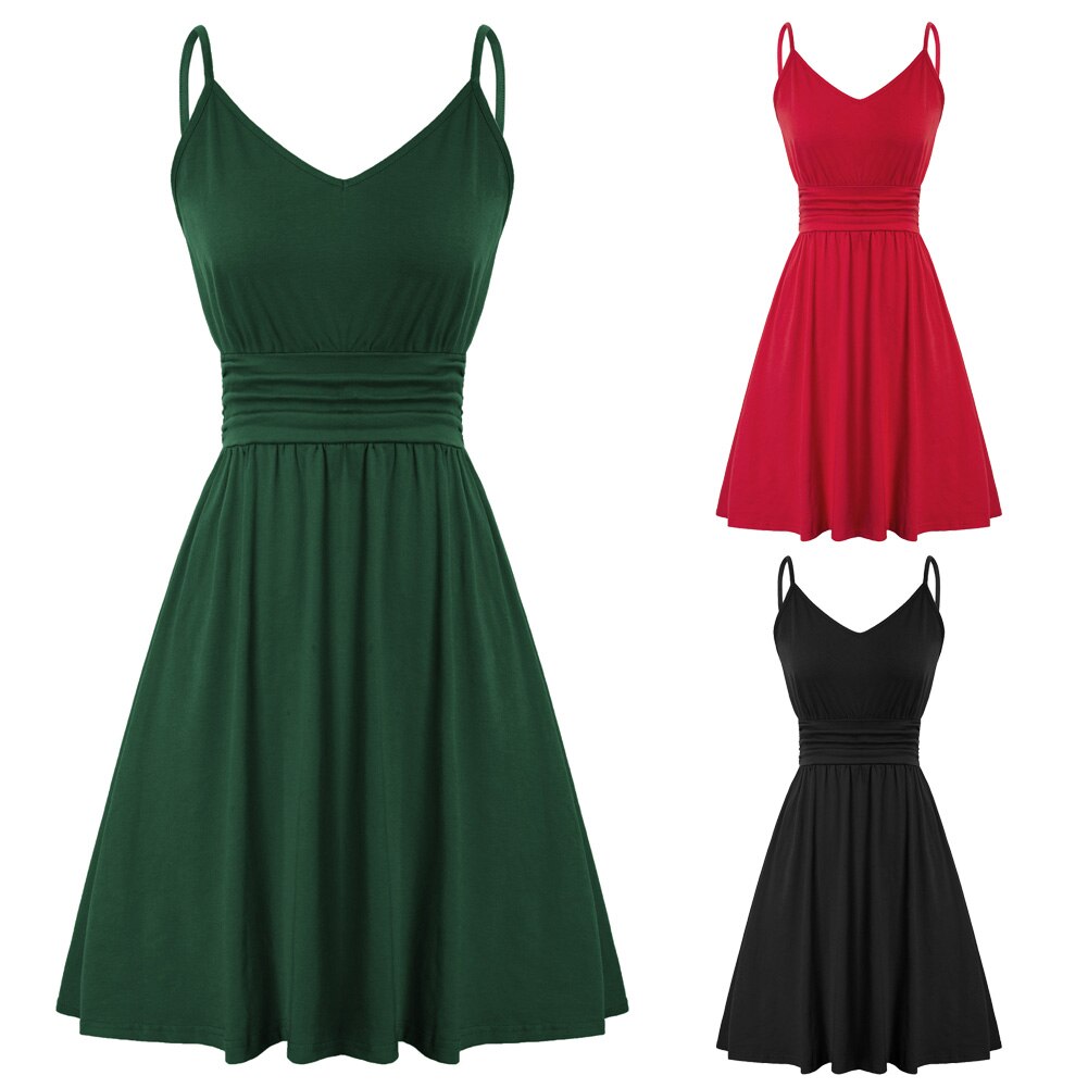 Women Dress Spaghetti Straps V-Neck Pleated Waist A-Line Dresses Solid Color Mini Cotton Dresses Leisure Sweet Clothes-4