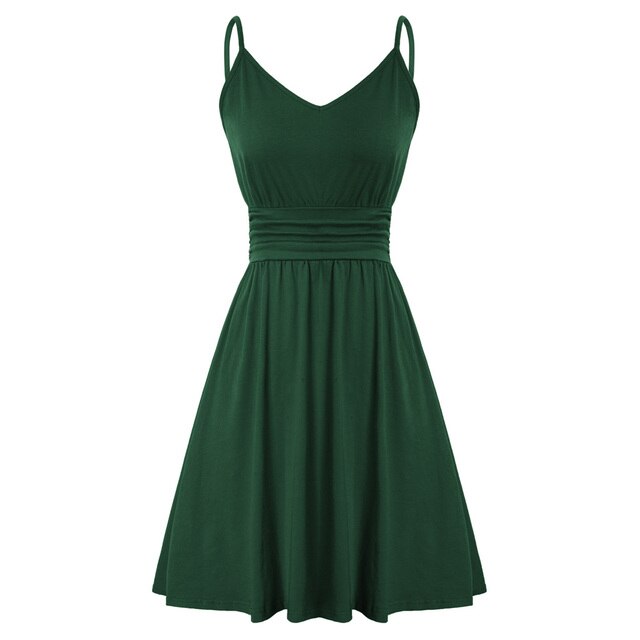 Women Dress Spaghetti Straps V-Neck Pleated Waist A-Line Dresses Solid Color Mini Cotton Dresses Leisure Sweet Clothes-2