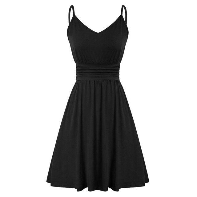 Women Dress Spaghetti Straps V-Neck Pleated Waist A-Line Dresses Solid Color Mini Cotton Dresses Leisure Sweet Clothes-3