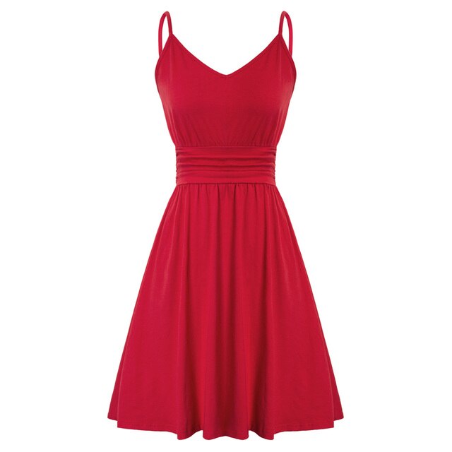 Women Dress Spaghetti Straps V-Neck Pleated Waist A-Line Dresses Solid Color Mini Cotton Dresses Leisure Sweet Clothes-1