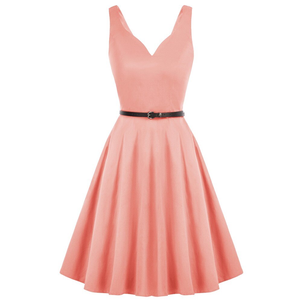 Grace Karin Women V-Neck Dress With Belt Sleeveless U-Back Flared A-Line Cotton Dress Elegant Evening Party Formal Dress Ladies-2