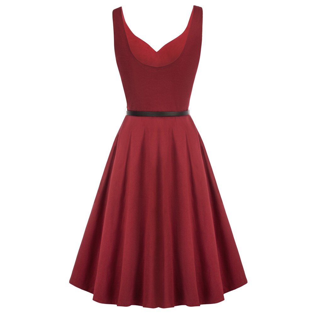 Grace Karin Women V-Neck Dress Vintage Belt Sleeveless U-Back Party Evening Office Elegant Swing Flared A-Line Cotton Dress New-1