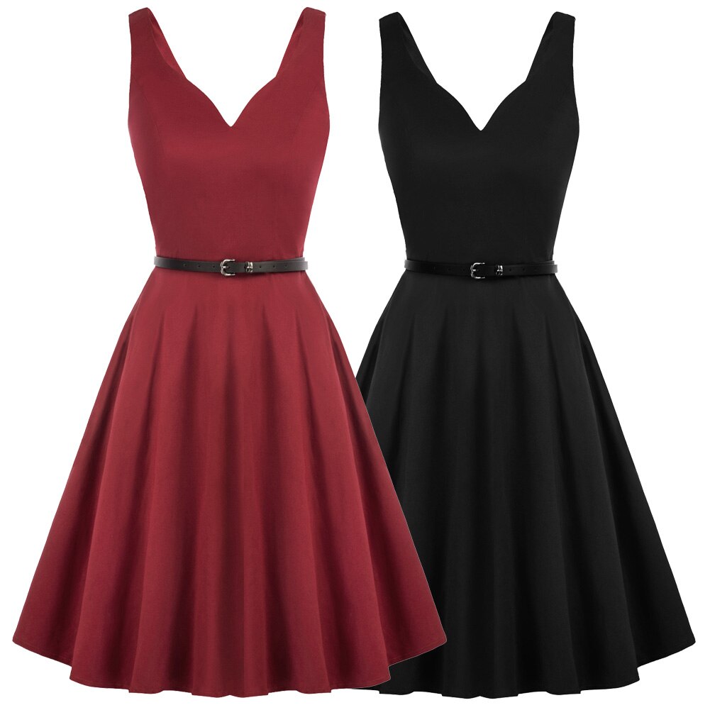 Grace Karin Women V-Neck Dress Vintage Belt Sleeveless U-Back Party Evening Office Elegant Swing Flared A-Line Cotton Dress New-0