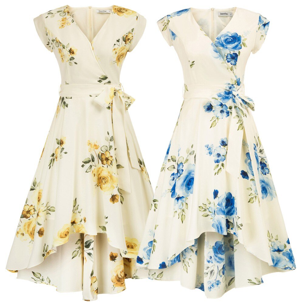Summer Dresses Women High-Low Hem Dress Belt Decor Petal Sleeves Surplice V-Neck A-Line Swing Vacation Beach Dress Ladies Female-2