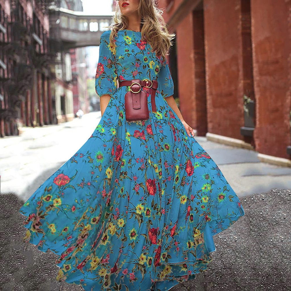 Wrap Dress Boho Floral Long Maxi Party Holiday Summer Beach Swing Sundress-2