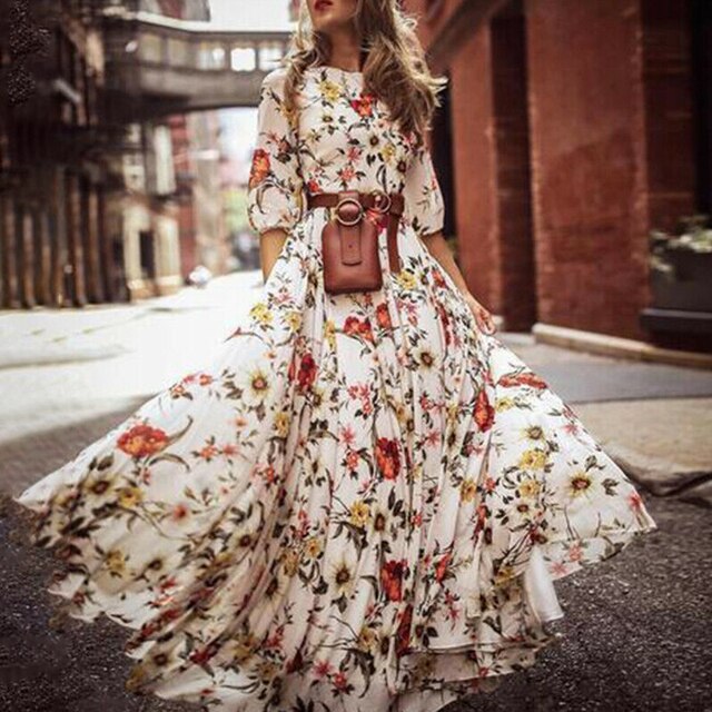 Wrap Dress Boho Floral Long Maxi Party Holiday Summer Beach Swing Sundress-5
