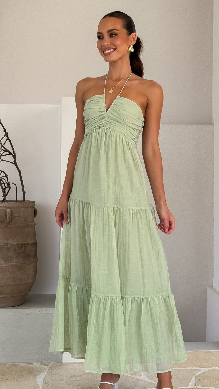 Sage Green Moss Cotton Halter Maxi Dress-1