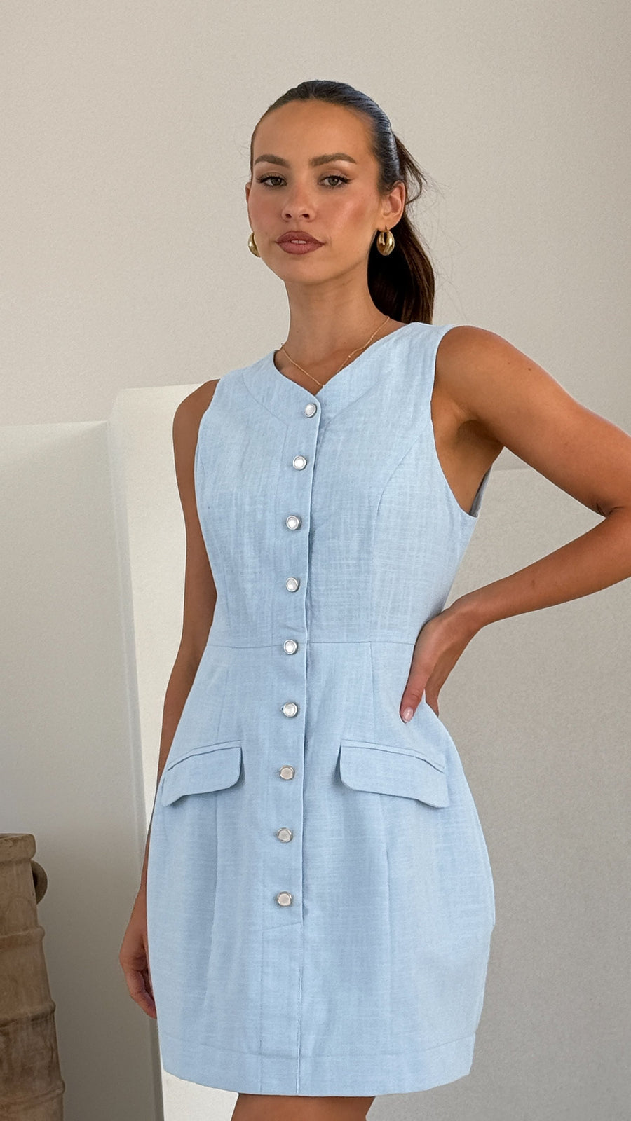 Powder Blue Linen Mini Dress – Sleeveless Button-Front Dress with Pockets-3
