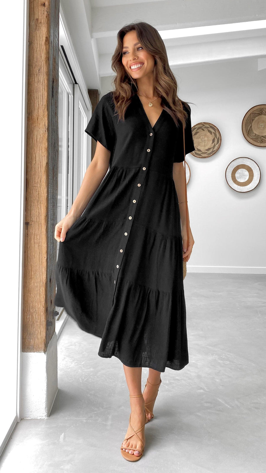 Black Linen Button-Down Midi Dress – Tiered Relaxed Fit Dress for Women-1