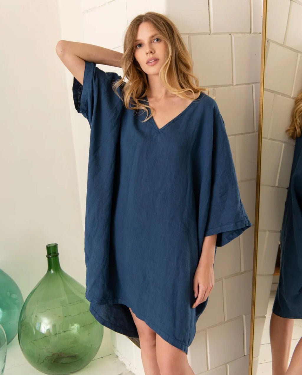 Blue Linen Kaftan Dress |Knee Length Dress | Linen Dress | Linen Clothing | 100% Organic Linen-0