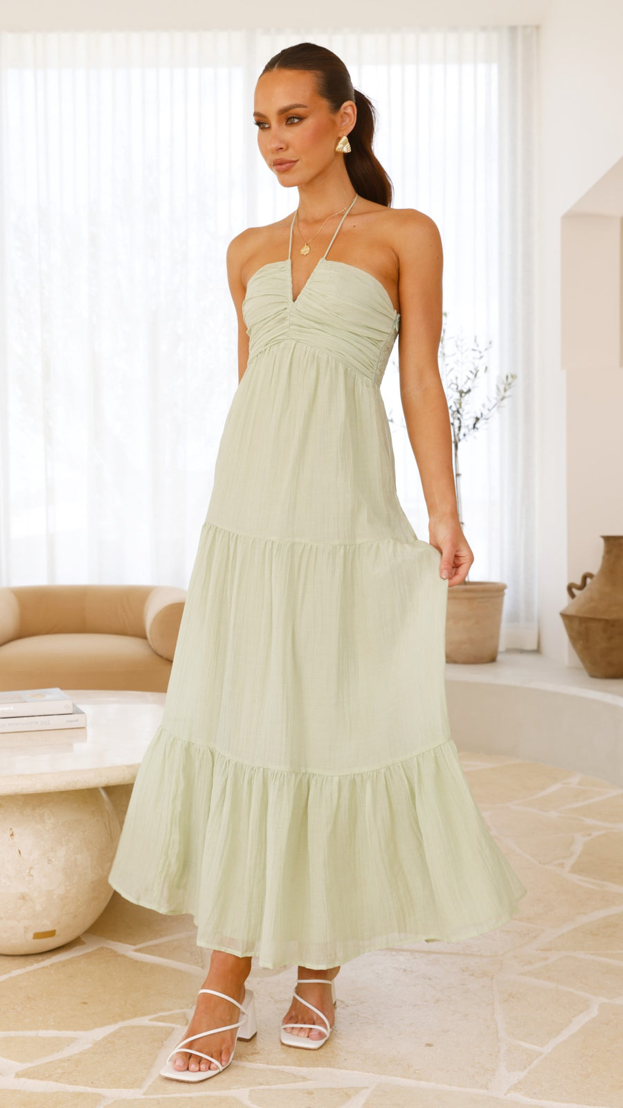 Sage Green Moss Cotton Halter Maxi Dress-2