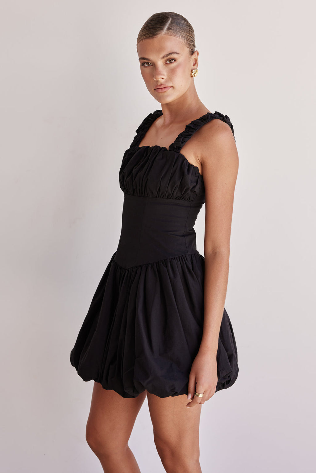Black Cotton Poplin Bubble Mini Dress-4