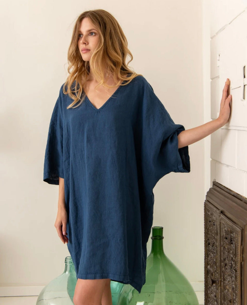 Blue Linen Kaftan Dress |Knee Length Dress | Linen Dress | Linen Clothing | 100% Organic Linen-4