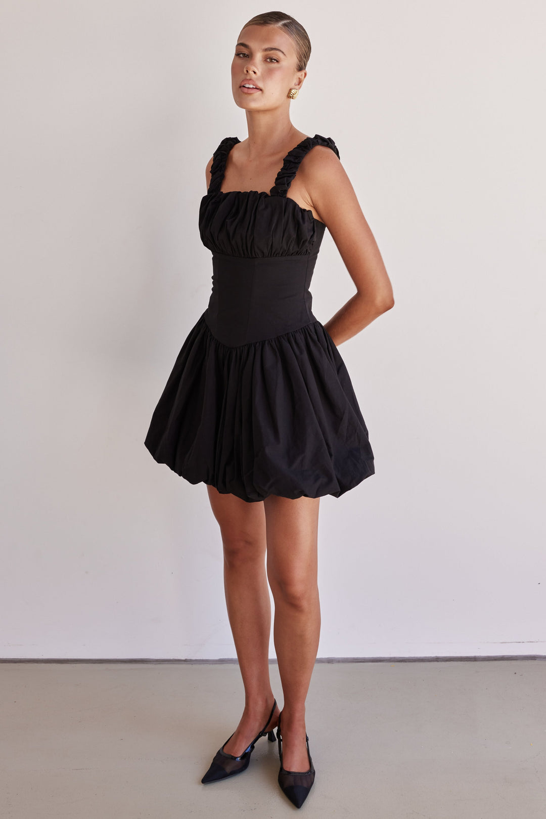 Black Cotton Poplin Bubble Mini Dress-1