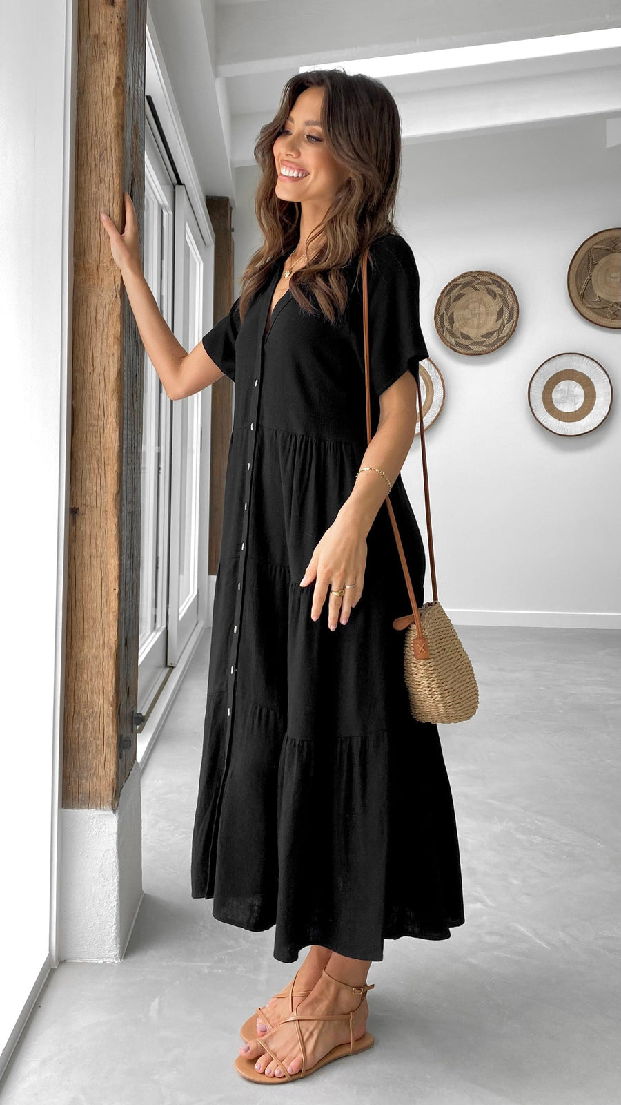 Black Linen Button-Down Midi Dress – Tiered Relaxed Fit Dress for Women-2