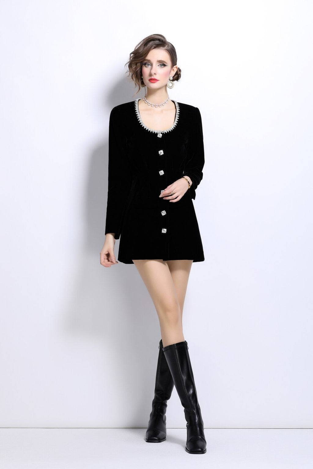 Scoop Neck Button Down Long Sleeve Coat Dress-1