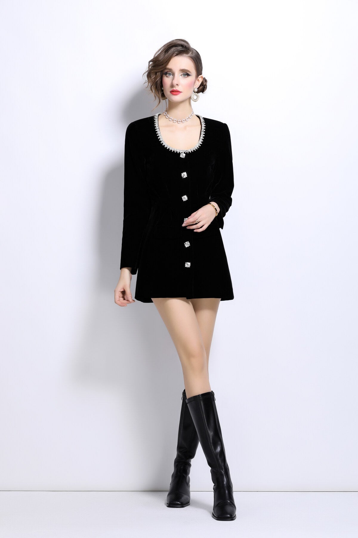Scoop Neck Button Down Long Sleeve Coat Dress-1